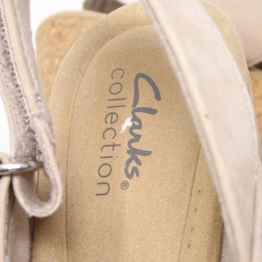 Clarks Giselle Womens Wedge Sandals Tan Leather Cork Platform Buckle 9